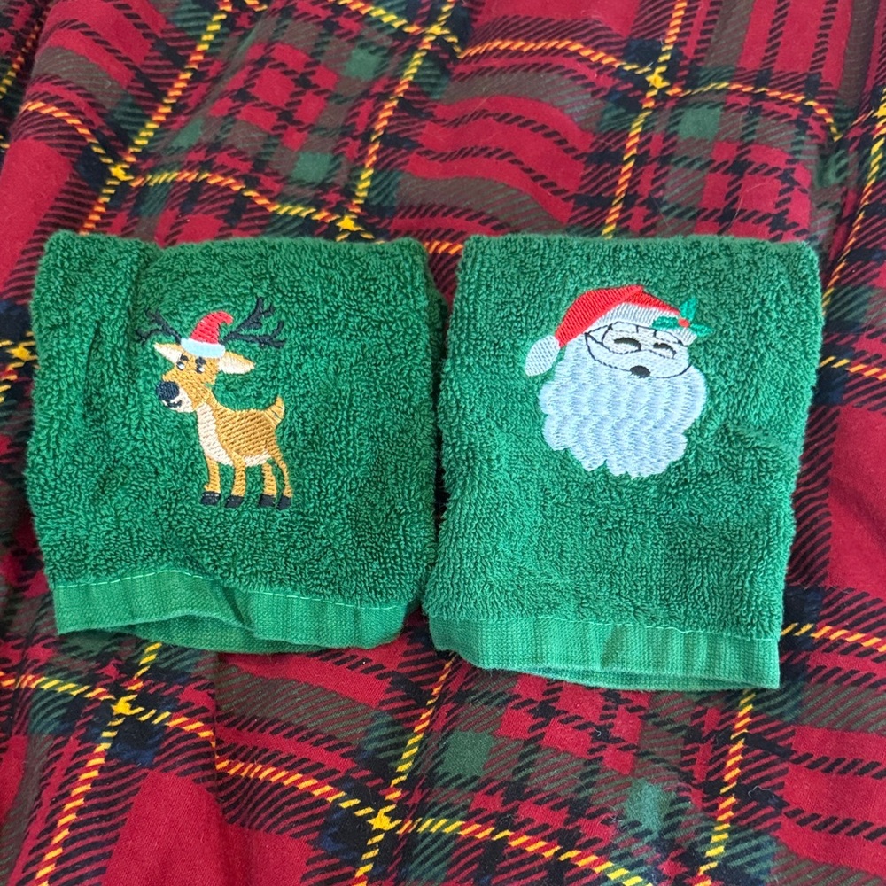 Green Christmas Hand Towels with Santa and Reindeer